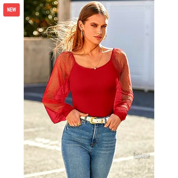 Mesh Long Sleeve Blouse Square Neck Puff Sleeve Stretchy Fabric - Picture 2 of 7